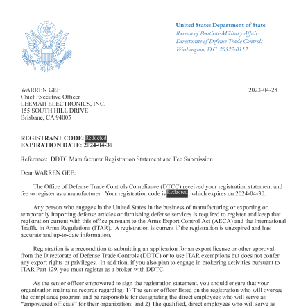 ITAR Registered